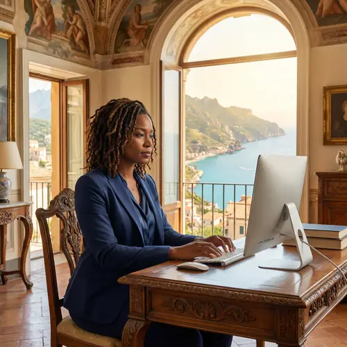 Professional African American Woman in Historic Villa Overlooking Amalfi Coast