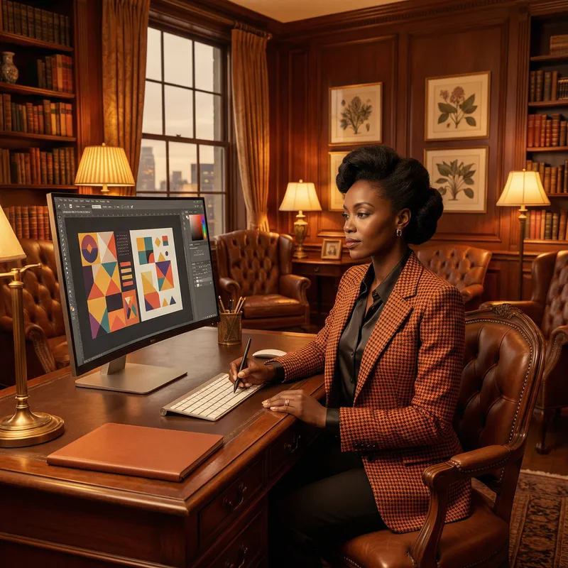 Sophisticated Black Woman in Chic Orange & Black | Modern Luxury Office Setting