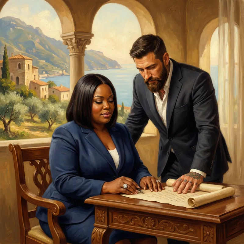 Confident Plus-Size African American Woman & White Russian Man at Luxurious Italian Villa
