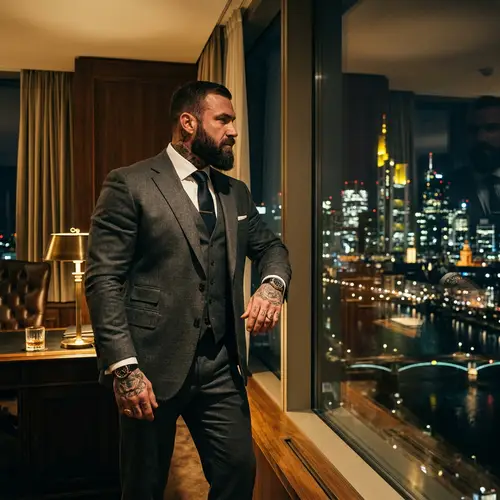 Elegant German Executive Overlooks Nighttime Skyline | High-End Fashion Editorial
