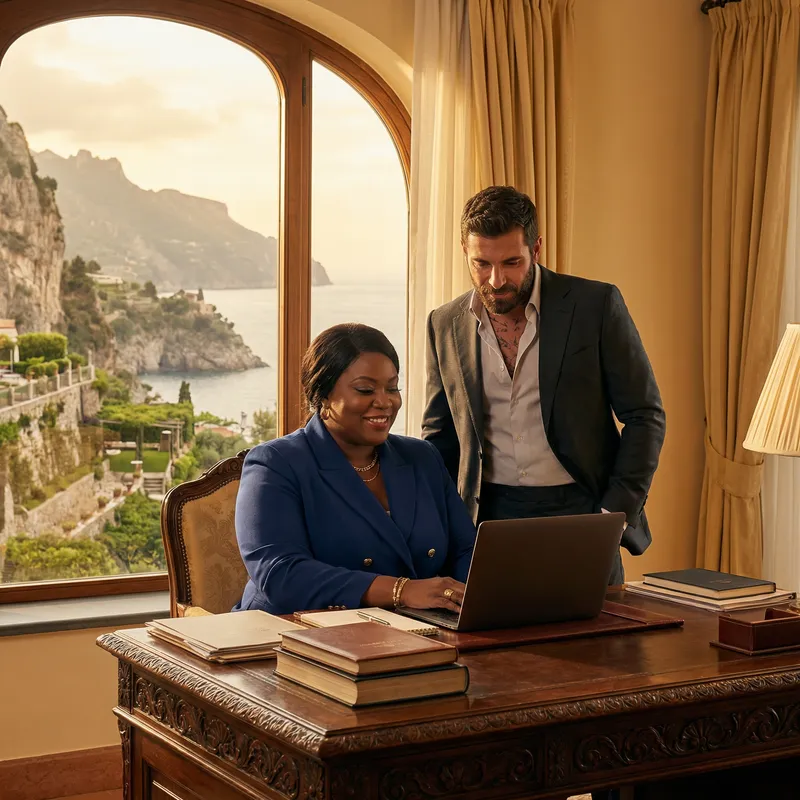 Luxurious Amalfi Coast Ambiance: Dynamic Power Couple in High Fashion