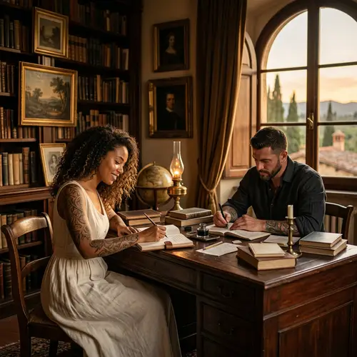 Enchanting Setting with African American Woman and Italian Man at Mahogany Desk