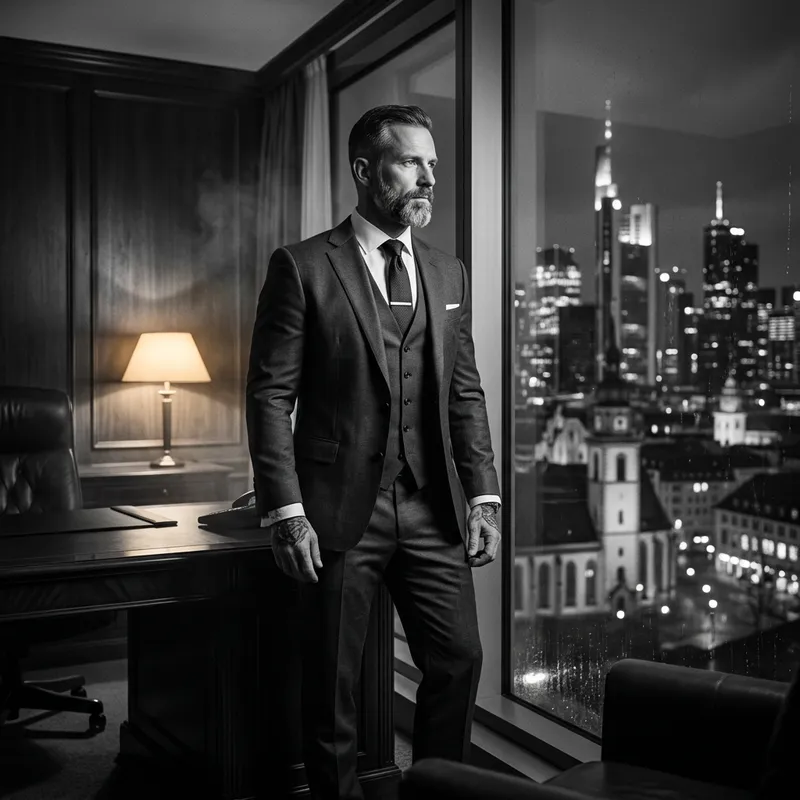 Elegant German Executive in Penthouse Office with Urban Night View