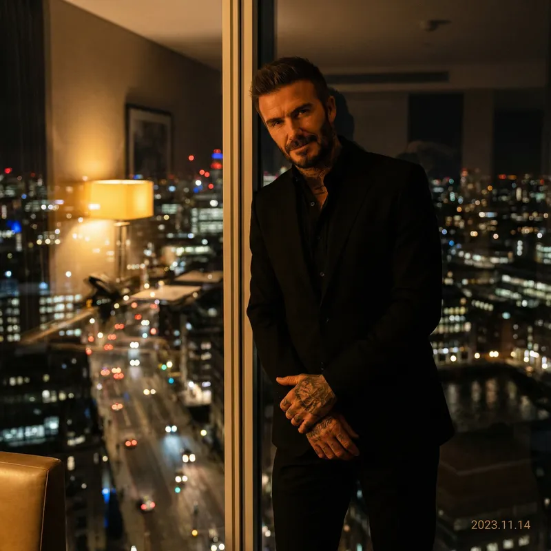 Sophisticated Urban Man with Intricate Tattoos | London Night Lights