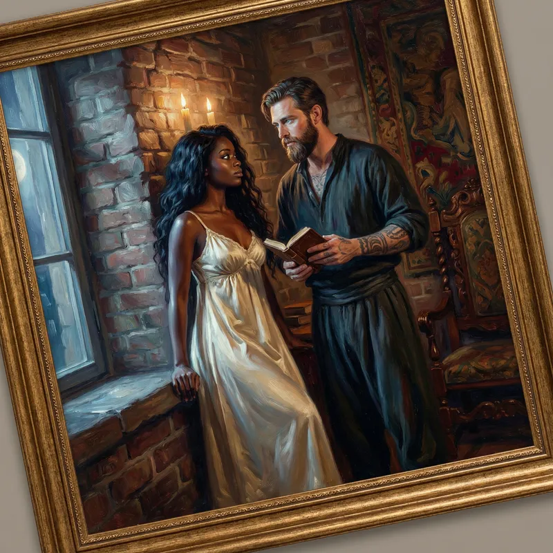 Passionate Love: Black Woman & White Man Embrace in Moonlit Bedroom Passionate Love: Black Woman & White Man Embrace in Moonlit Bedroom