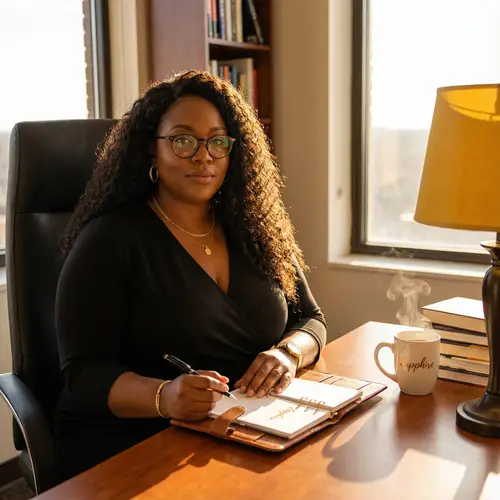 Plus-Size African American Woman in Stylish Business-Casual Attire at Office