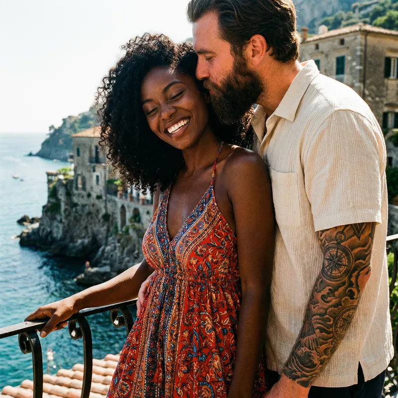 Elegant Black Woman with Luscious Curls and Italian Lover on Amalfi Coast | Love and Beauty