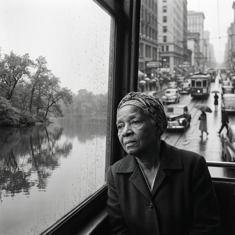 African American Elderly Woman Contemplating Nature and City Life