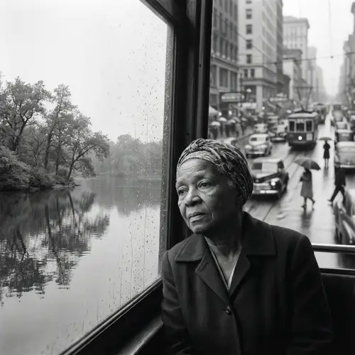 Contemplative African American Elderly Woman by Serene Lakeside and Vibrant Cityscape