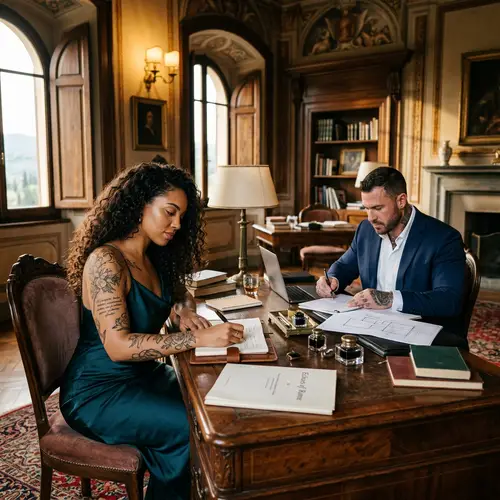 Elegant African American Woman Writing in Luxurious Italian Villa