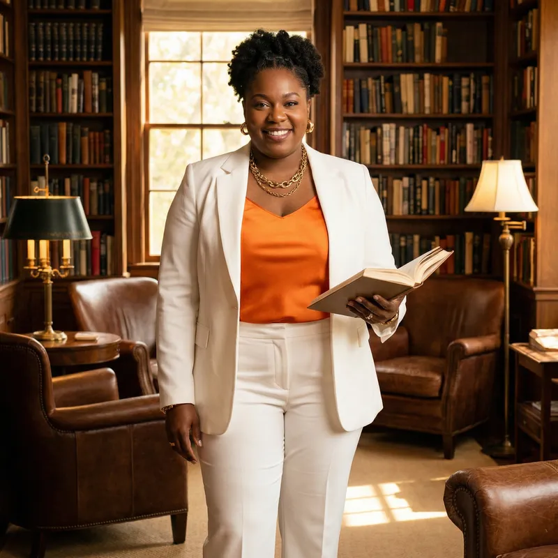 Empowered Black Woman in Elegant Home Library with Stunning Style