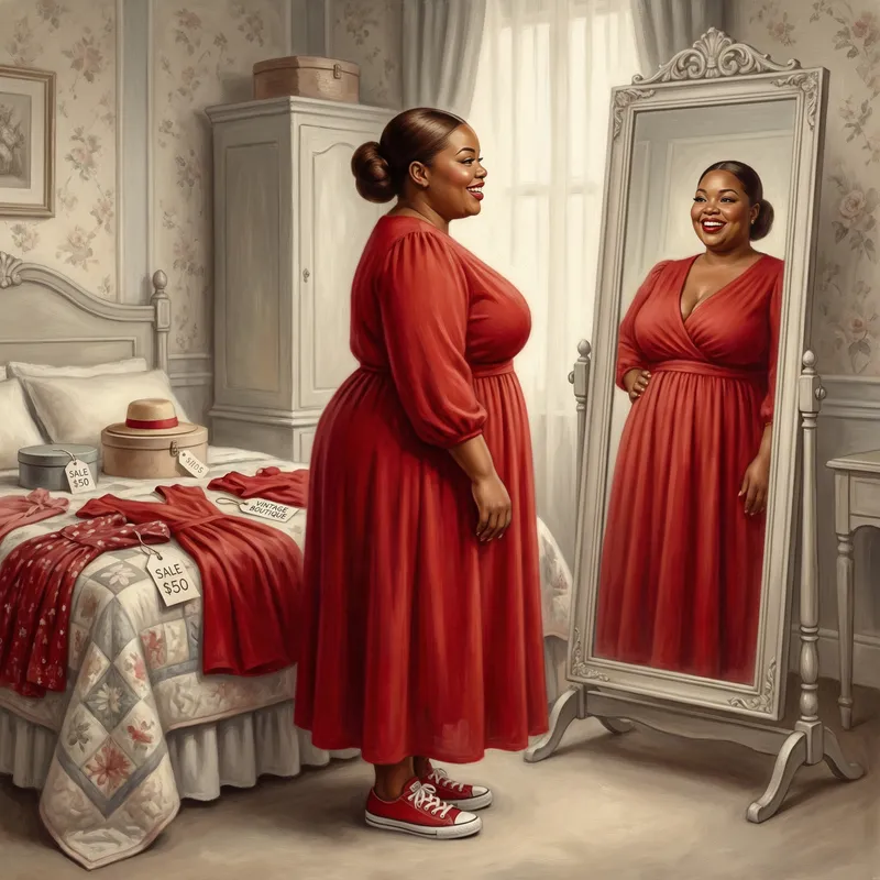 Airbrush Oil Painting of Plus Size Black Woman in Red Dress Airbrush Oil Painting of Plus Size Black Woman in Red Dress