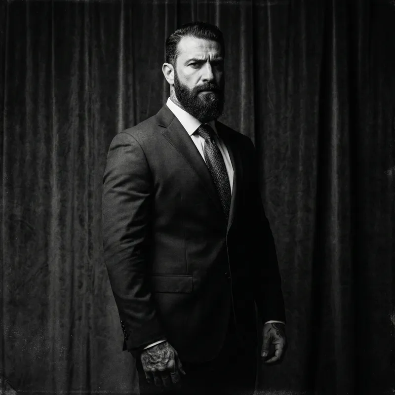 Powerful Italian Mob Boss Portrait in High Contrast Film Noir Style