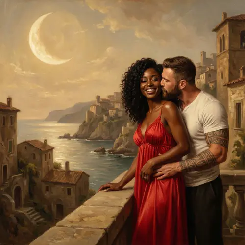 Romantic Moonlit Scene with Black Woman and Italian Husband on Amalfi Coast