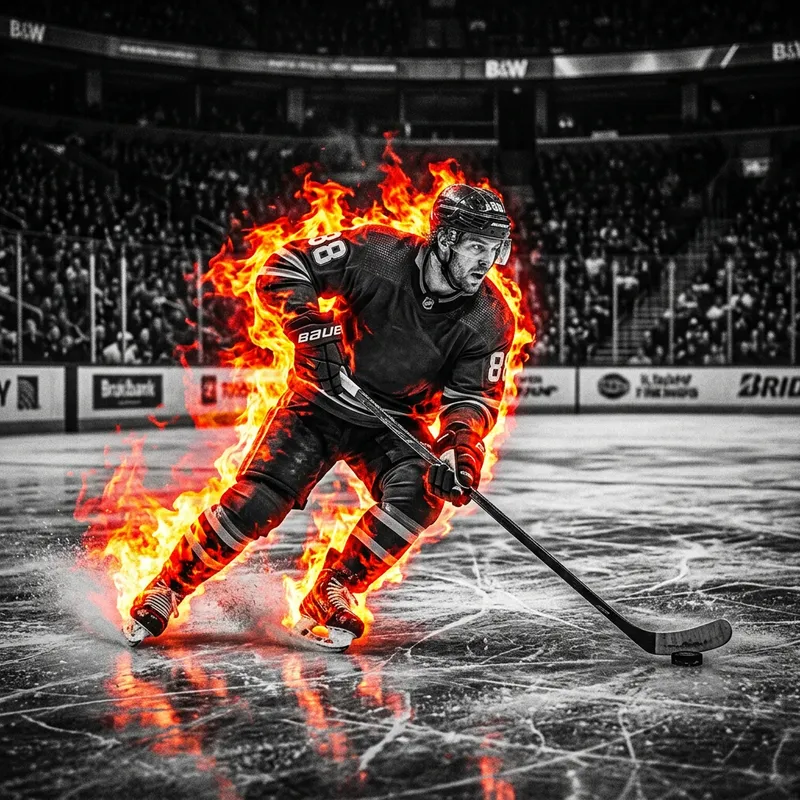 Fiery Hockey Player in High Contrast Flames | Vintage Ice Rink Shot