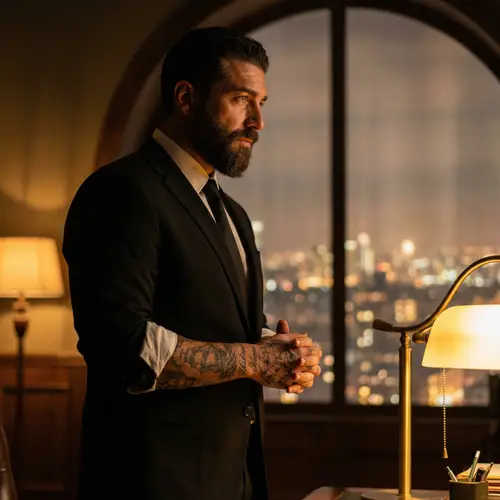 Charismatic Italian Man in Bespoke Black Suit and Intricate Tattoos