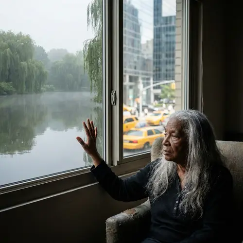 Elderly African American Woman Contemplating Urban Nature Divide