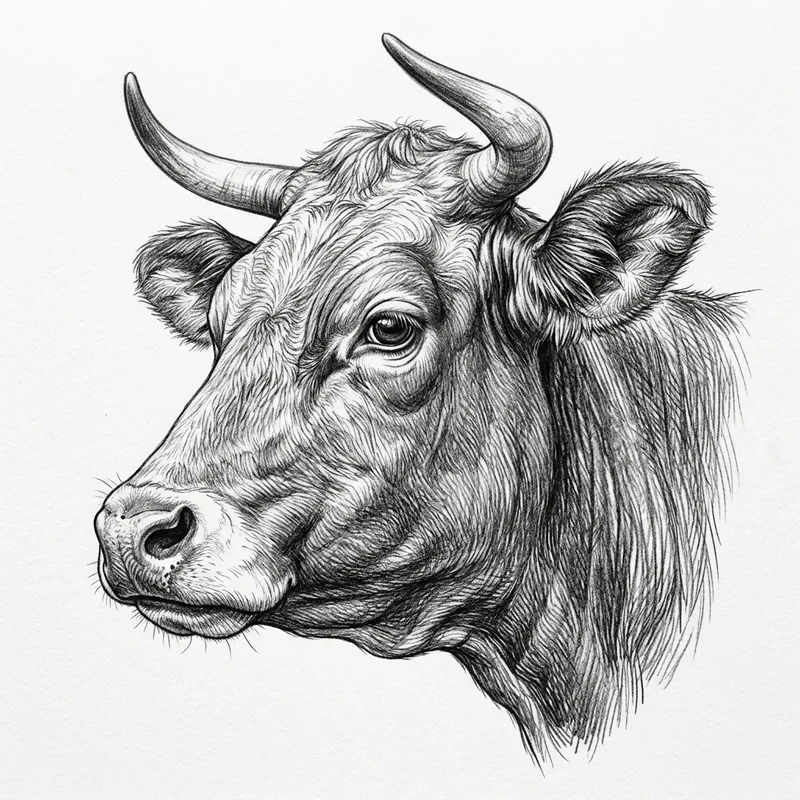 Detailed Cow's Head Sketch - Realistic Side View Drawing