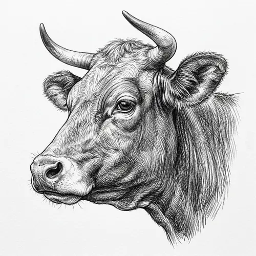 Detailed Cow's Head Sketch - Side View Drawing