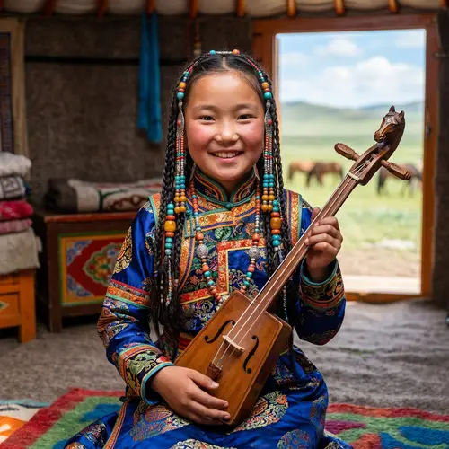 Ten-Year-Old Mongolian Girl | Traditional Attire & Musical Instrument