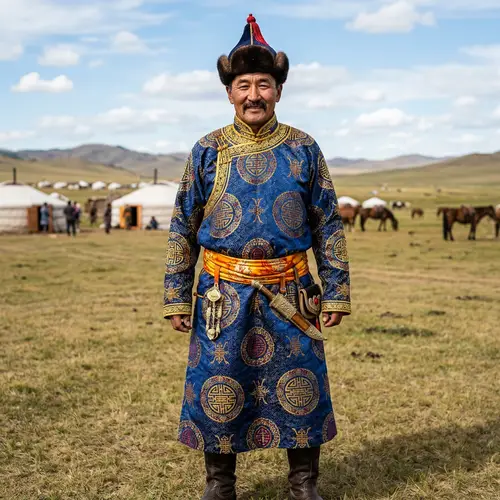 Traditional Mongolian Man's Deel Shirt - Front View