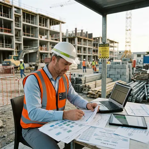 Caucasian Male Consultant Analyzing Six Sigma Models at Construction Site