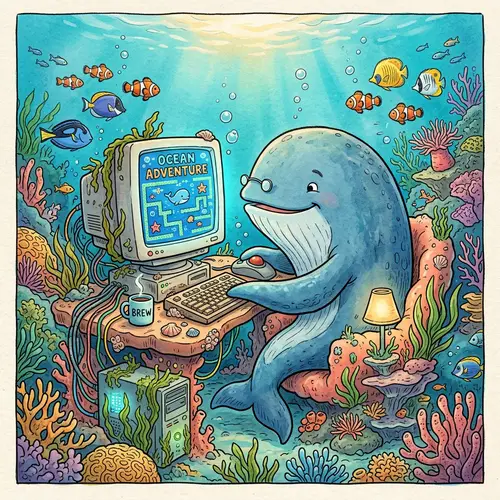 Drawing of a Whale Playing a Computer Game