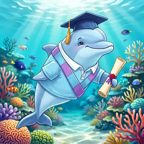 Pastel Blue Dolphin with Mortarboard and Diploma