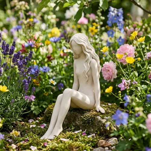 Slim Long-Haired Humanoid Figurine in Colorful Flower Backdrop