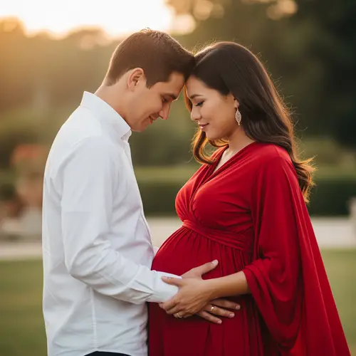 Pregnant Woman in Red Dress with Partner
