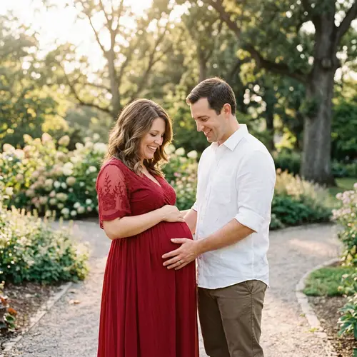 Pregnant Woman in Red Dress with Partner
