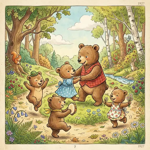 Cute Bears Dancing in a Black & White Forest