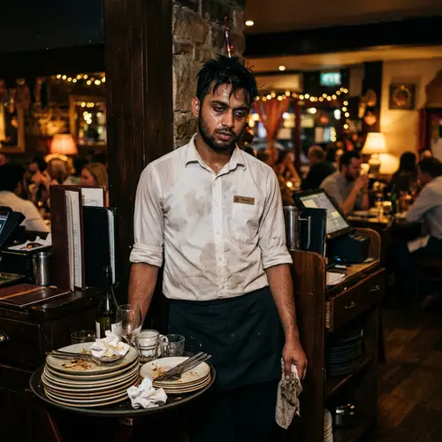 Weary South Asian Waiter in Dimly Lit Restaurant - Exhausted Server