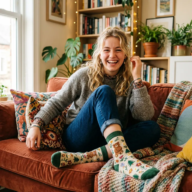 Joyful Young Woman in Cute Patterned Socks Joyful Young Woman in Cute Patterned Socks