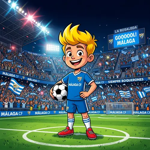 Cheering Málaga FC Football Stadium Scene with Cartoon Character