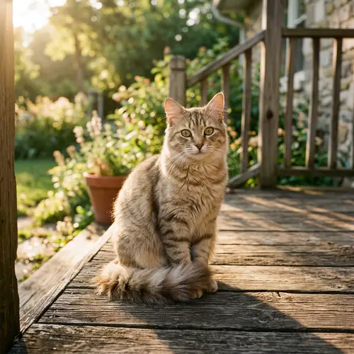 Adorable Tabby Cat Sitting on Rustic Porch