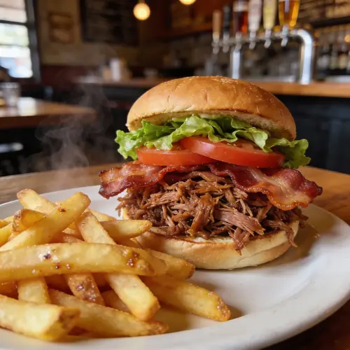 Pulled Pork BLT with Fries at Brewery
