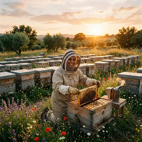 Joyous Middle-Eastern Female Beekeeper | Serene Bee Farm Scene
