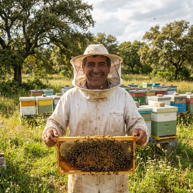 Happy Hispanic Beekeeper in Green Nature | Lush Beehives Background