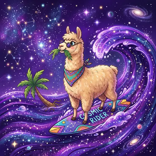 Celestial Llama Surfing in a Purple Universe | Palm Tree Feasting