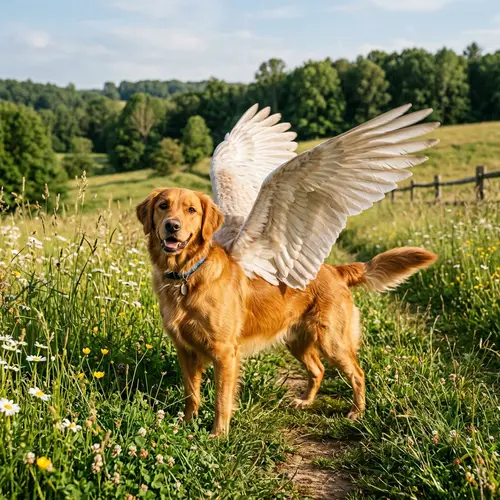 Whimsical Dog with Wings - Mythical Creature in a Grass Field