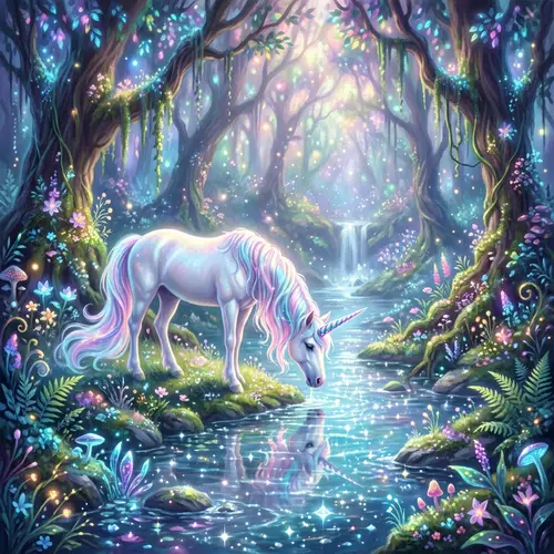 Mystical Forest with White Unicorn - Fantasy Dream Painting