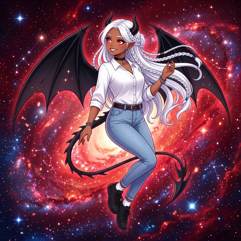 Anime Girl with White Hair, Red Eyes & Black Demon Features Anime Girl with White Hair, Red Eyes & Black Demon Features
