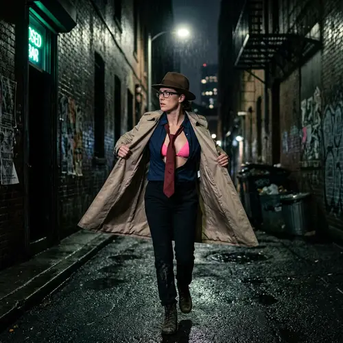 Dramatic Fashion: Woman in Trenchcoat Unveils Bikini