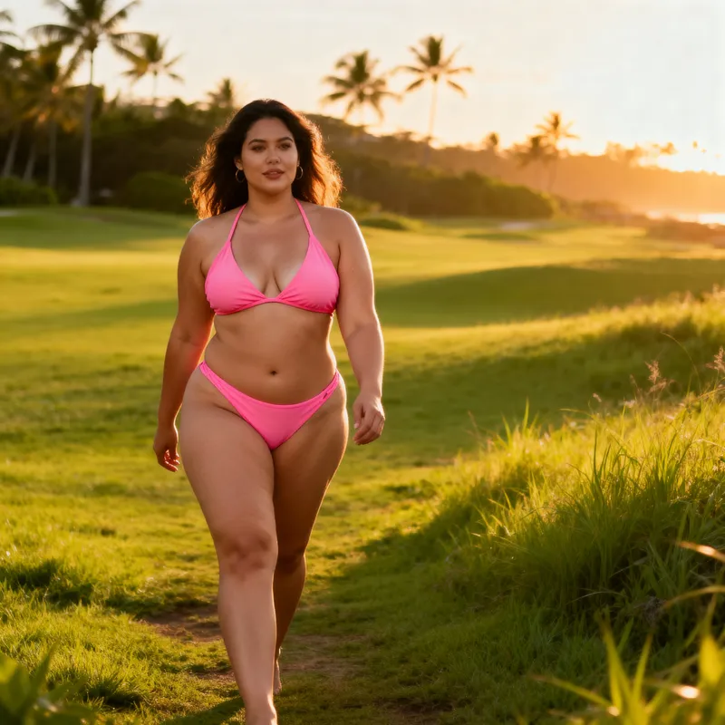 Confident Curvy Woman in Pink Bikini Outdoors