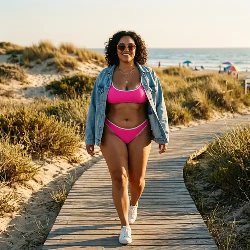 Confident Curvy Woman in Pink Bikini Outdoors