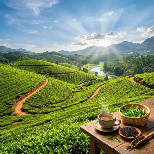 Serenity of Tea Plantation: Green Rows & Sunlit Skies