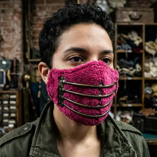 Fuchsia Fluffy Fabric Face Mask with Metal Bars Design