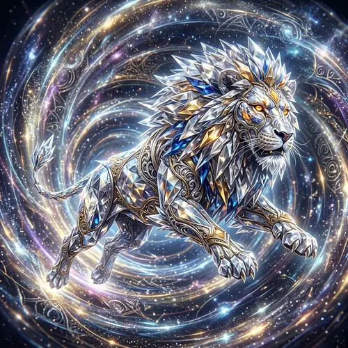 Futuristic Optics Lion Art: Silver & Gold Crystal 3D Rendering