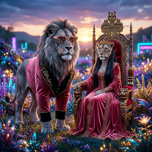 Majestic Alpha and Enchanting Lioness in Rose-Red Velvet Attire